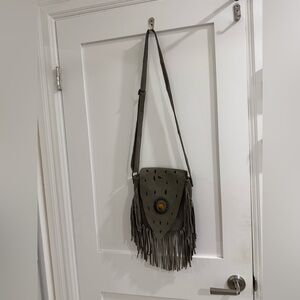 No Brand greenish gray leather crossbody bag w/ fringe (no material info)